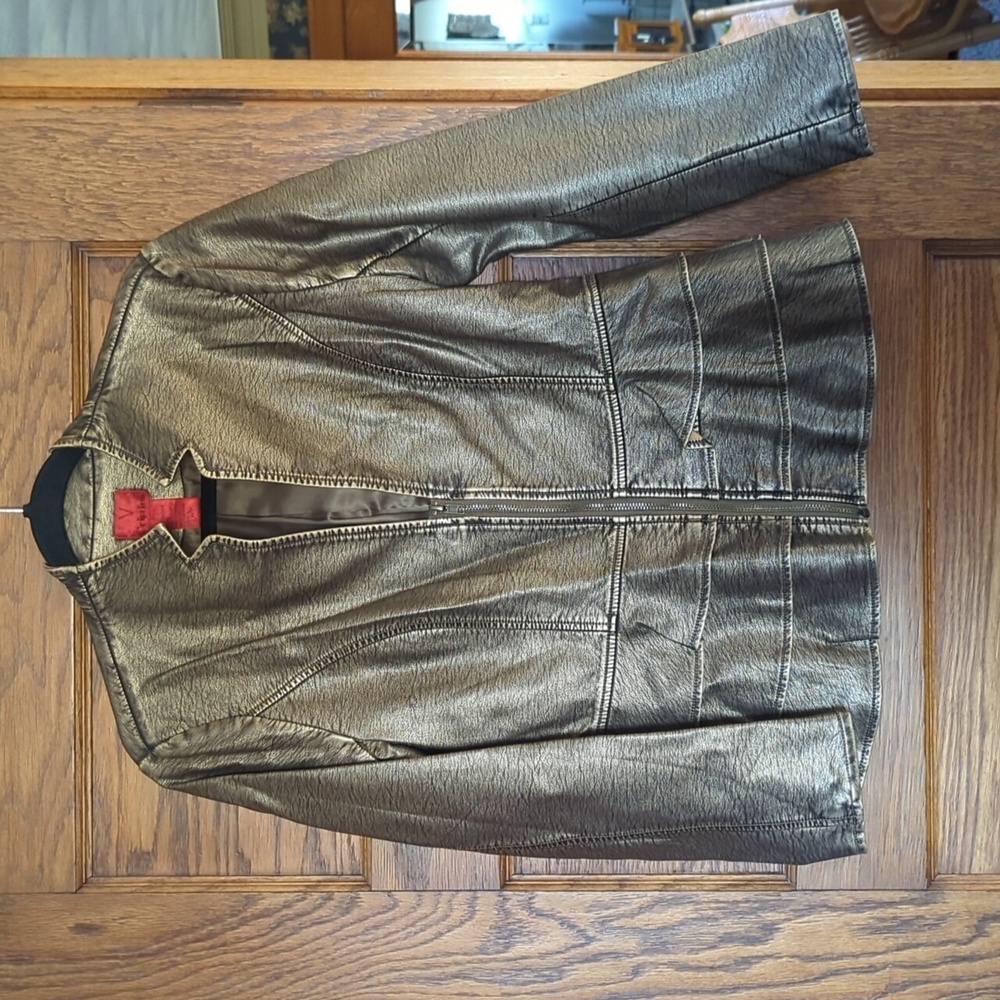V Christina Faux Leather Peplum Moto Jacket Gold Size Women's Small